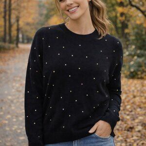Aqua Cashmere Sweater Black 100% Cashmere Multicolor Rhinestone Stars Medium Cel